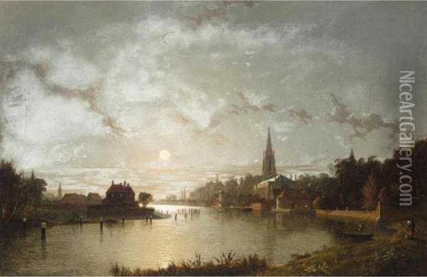 View Of Marlow From The Thames By Moonlight Oil Painting - Henry Pether