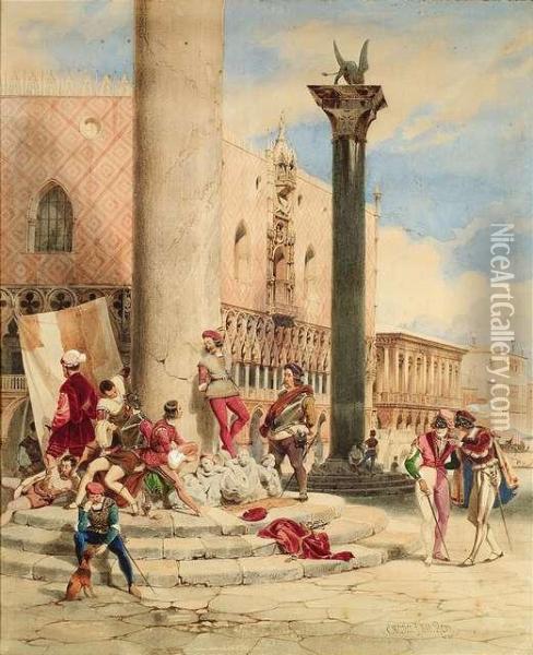 Venice. Idleness On The Piazzetta At The Doge's Palace. Oil Painting - Carl Friedrich H. Werner