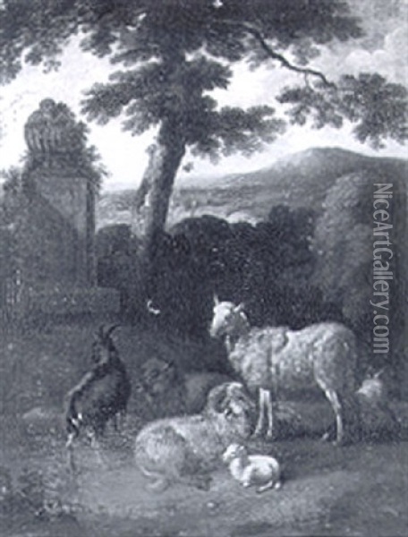 Goats And Sheep In A Classical Landscape Oil Painting - Adrian Oudendyk