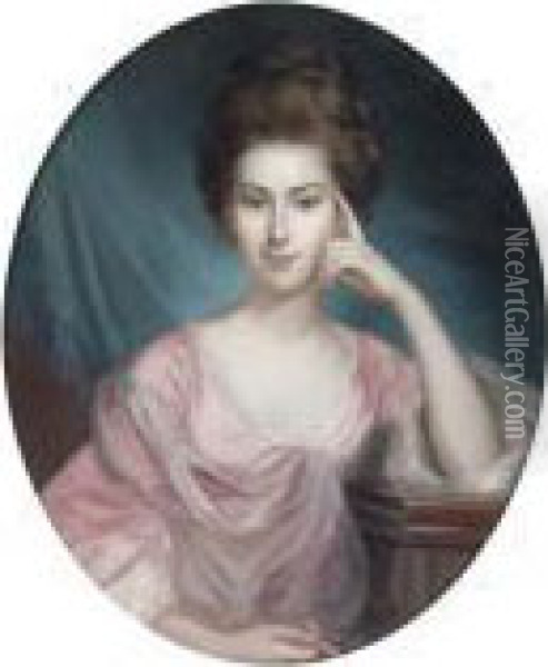 Portrait Of A Lady, Half-length, In A Pink Dress, Holding A Miniature Oil Painting - George Romney