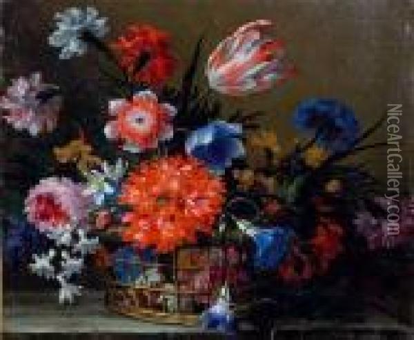 Corbeille De Fleurs Sur Un Entablement Oil Painting - Nicolas Baudesson