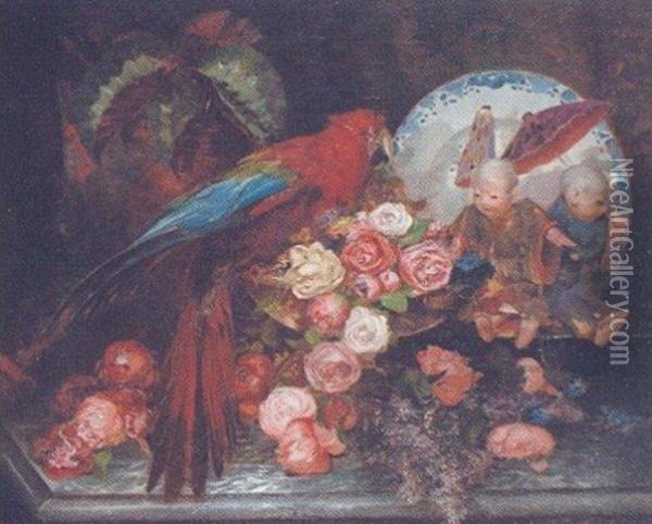Still Life With Chinese Doll, A Parrot And A Bowl Of Roses Oil Painting - Gabriel Boutet