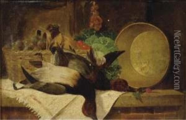 Still Life With Ducks, A Basket Of Fruit And A Pot On A Ledge Oil Painting - William Ayerst Ingram