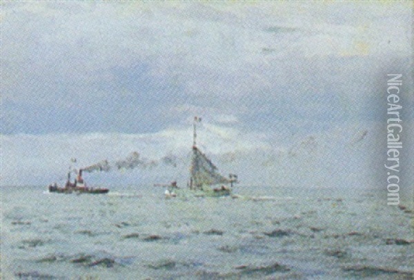Skibe Pa Havet Oil Painting - Christian Benjamin Olsen