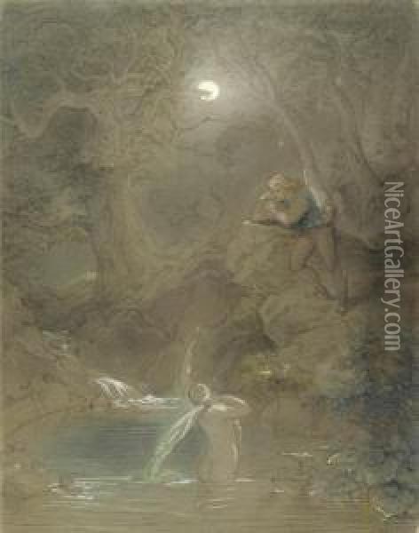 Nymph Bathing By Moonlight, Observed Bya Young Man Oil Painting - Caspar Johann Nepomuk Scheuren