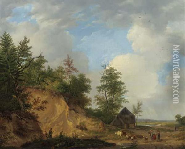 Figures Conversing By A Crag In A Panoramic Summer Landscape Oil Painting - Abraham Johannes Couwenberg, Jzn.