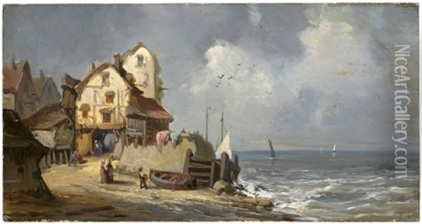 Normannisches Dorf An Der Kuste; Segelschiff Am Strand Vor Einem Dorf Oil Painting - Jules Achille Noel