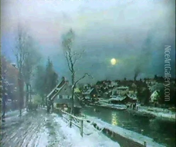 Vinterparti Fra Munchen Med Floden Isar I Manelys Oil Painting - Anders Andersen-Lundby