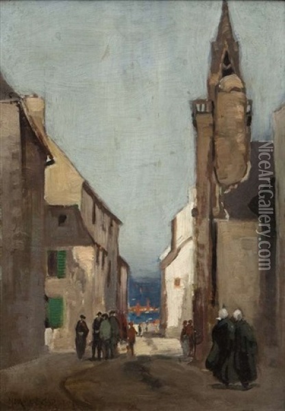 Figures In A Breton Streetscape Oil Painting - Norman Garstin