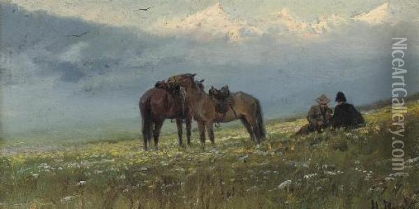 Georgian Travellers Resting, Mountains Beyond Oil Painting - Ivan Alexeievitch Vladimirov