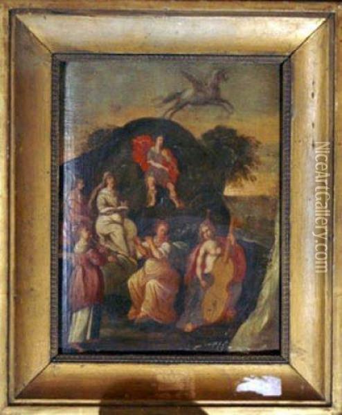 A Pair Ofpaintings Showing Apoll And The Muses And Apoll And Kingmidas Oil Painting - Abraham Govaerts