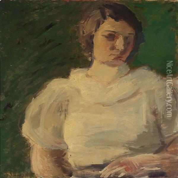 Portrait Of A Woman In A White Dress Oil Painting - Marius Hammann