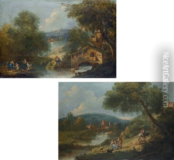 Paesaggio Fluviale Con Contadini (pair) Oil Painting - Antonio Diziani