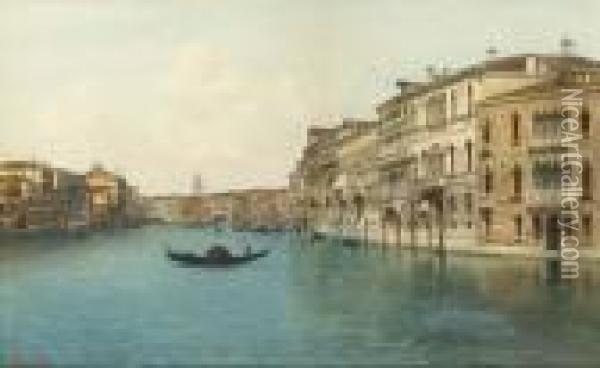 View Of A Canal With The Rialto Bridge Beyond, Venice Oil Painting - Emanuele Brugnoli