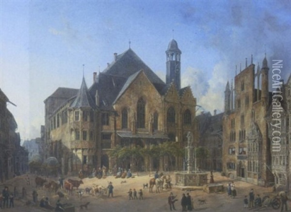 Hildesheim: Blick Auf Den Altstadter Markt Mit Dem Rathaus Und Davor Dem Rolandsbrunnen Oil Painting - Domenico Quaglio