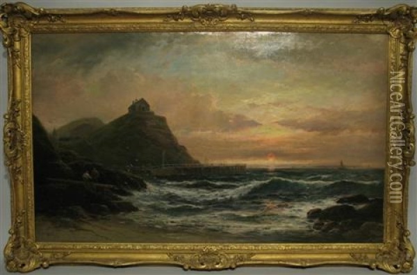 Coastal Scene With Pier Oil Painting - George Henry Jenkins