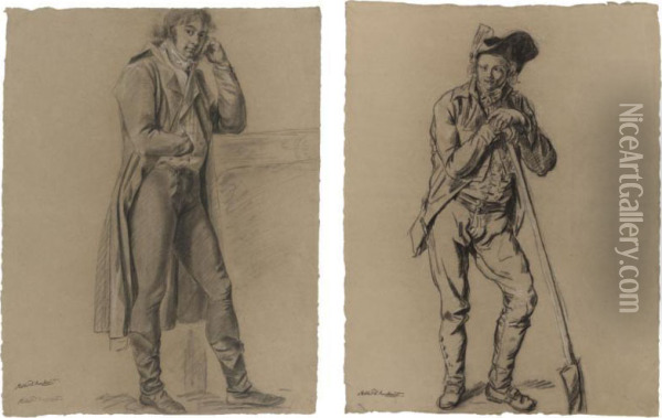 Two Studies Of Standing Men: One Leaning On A Spade, The Otheragainst A Mantelpiece Oil Painting - Philibert De Ranchicourt