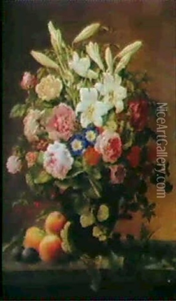 Vase Med Roser Og Liljer Pa Enkarm Med Ferskner Og Blommer Oil Painting - Vilhelm Julius Hoyer