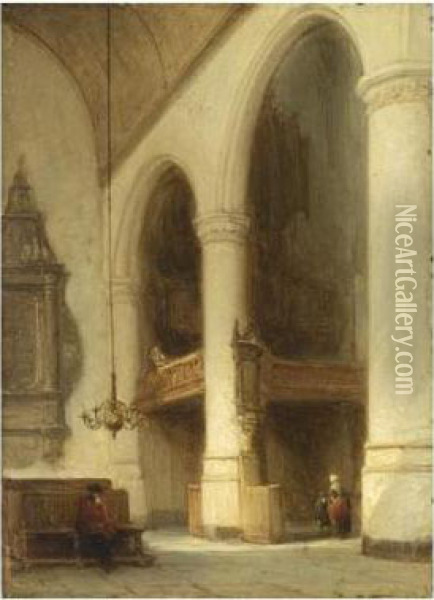 Figures In A Church Interior Oil Painting - Johannes Bosboom