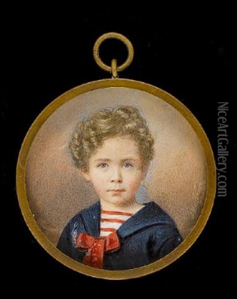 A Young Boy, Wearing Blue Jacket Tied With Wide Red Ribbon Bow Over Striped Red And White Shirt Oil Painting - Albert Theer