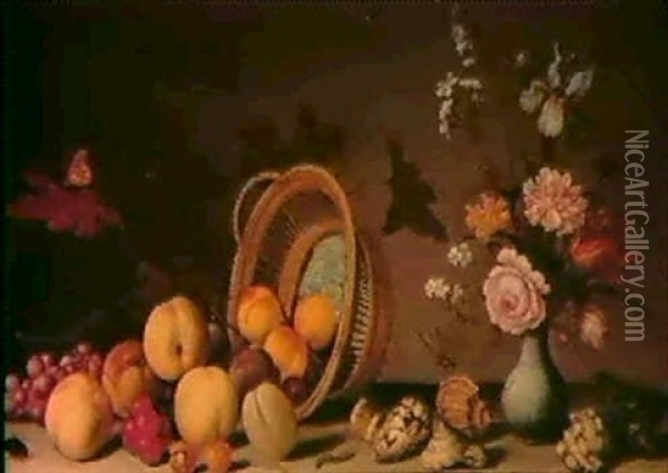 A Still Life Of Flowers In A Porcelain Vase, Seashells And  An Overturned Basket Of Fruit Oil Painting - Balthasar Van Der Ast
