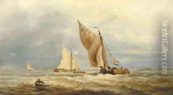 Sailing vessels in a stiff breeze Oil Painting - Albert Jurardus van Prooijen