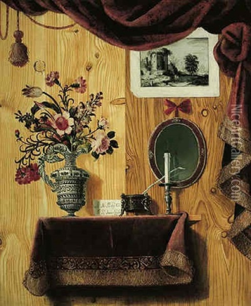 A Trompe L'oeil Still Life Of A Vase Of Flowers, An Inkwell And A Candle On A Ledge And Objects Hanging On A Panelled Wall Oil Painting - Antonio Gianlisi