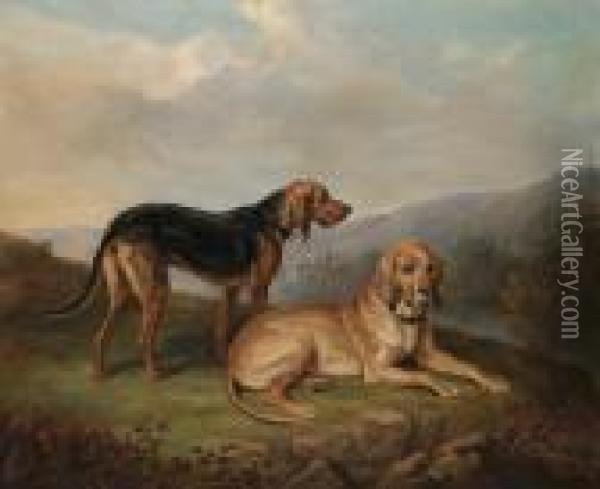 Bloodhounds In A Landscape Oil Painting - William Webb
