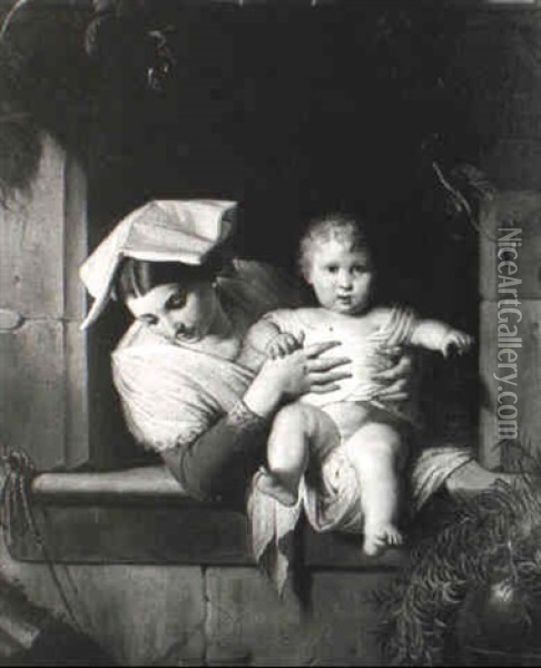 Mother And Child At A Window Oil Painting - Giuseppe Mazzolini