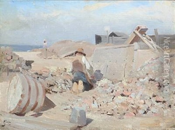 A Man Works In A Little Quarry Near The Beach Oil Painting - Erik Ludwig Henningsen