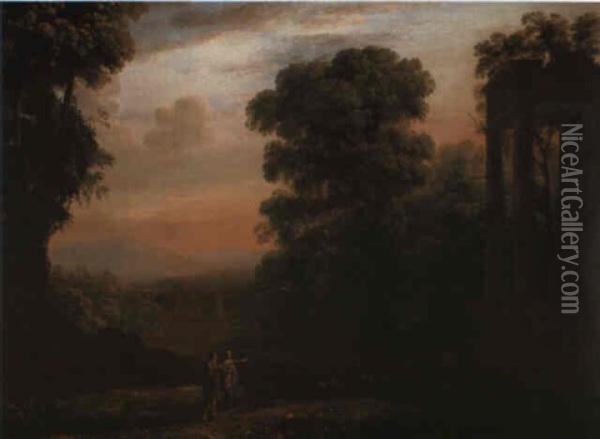 An Italianate Wooded Landscape At Sunset With Shepherds & A Ruined Temple Oil Painting - Rossello di Jacopo Franchi