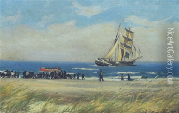 En Stranding - Taagen Lettet Oil Painting - Viggo Lauritz Helsted