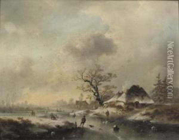 Figures Skating On A Frozen Waterway Oil Painting - Charles van den Eycken