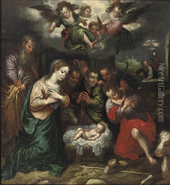 The Adoration Of The Shepherds With The Annunciation To The Shepherds Beyond Oil Painting - Hendrick Goltzius