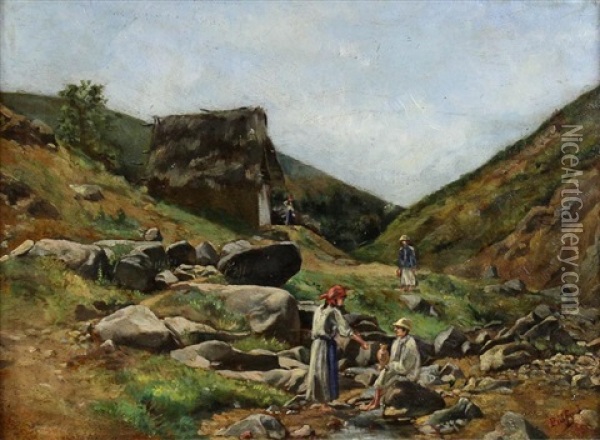 Figures In A Rocky Landscape Oil Painting - Jozsef Palfy