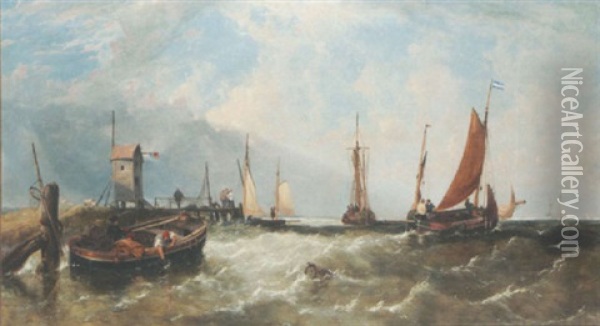 A Fishing Fleet Off A Dutch Headland Oil Painting - James Meadows Snr