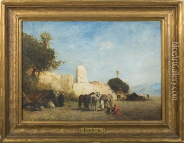 Orientalist Encampment Outside The Walls Of A City Oil Painting - Narcisse Berchere