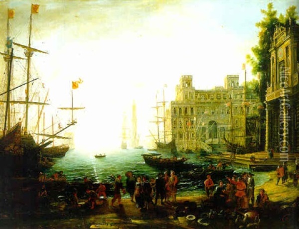 A Capriccio Of A Mediterranean Harbour, With The Villa Medici, Vignola's Entrance Gate To The Franese Gardens On The Forum, And Numerous Figures In The Foreground Oil Painting - Claude Lorrain