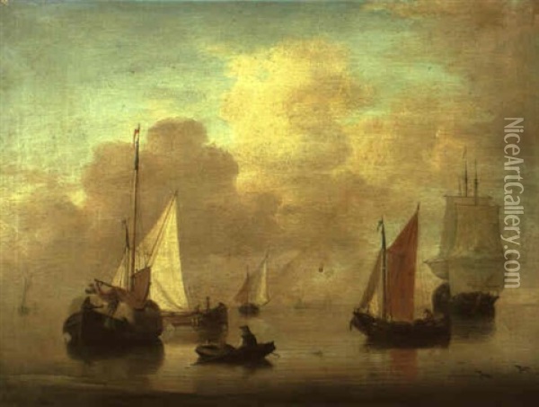 Dutch Smalschips Anchored Off A Beach With An Oarsman Returning To Shore Oil Painting - Jan van Os