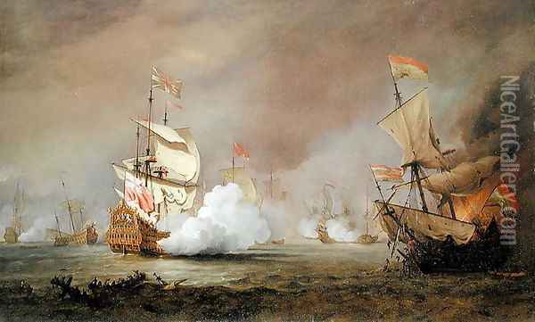 Sea Battle of the Anglo-Dutch Wars, c.1700 Oil Painting - Willem van de Velde the Younger