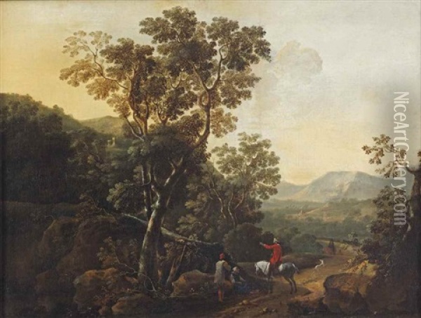 A Wooded Landscape With A Horseman And Two Peasants On A Path Oil Painting - Jan Gabrielsz Sonje