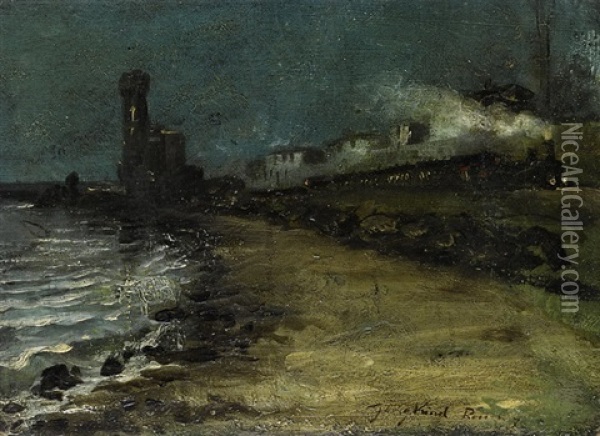 Meeresufer Mit Leuchtturm Und Fahrendem Zug Bei Nacht Oil Painting - Johan Barthold Jongkind