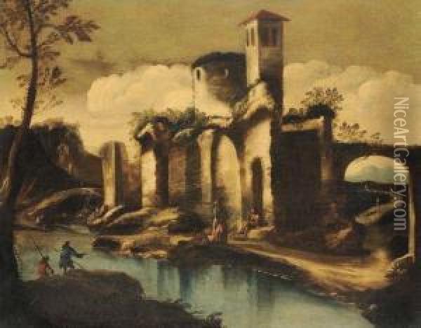 Veduta Con Rovine E Personaggi Oil Painting - Antonio Travi Il Sordo Di Sestri