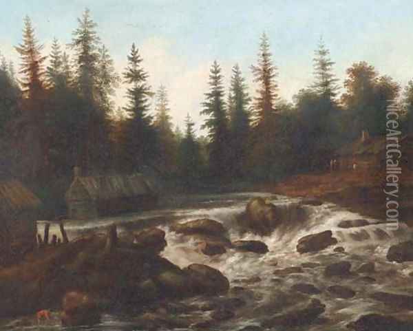 An extensive wooded river landscape with travellers by a cottage Oil Painting - Allart Van Everdingen