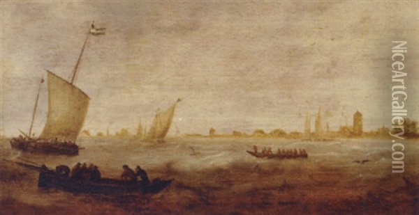 Sailors In A Rowing Boat With Smalschips Off A Coastline Oil Painting - Hendrick Van Anthonissen