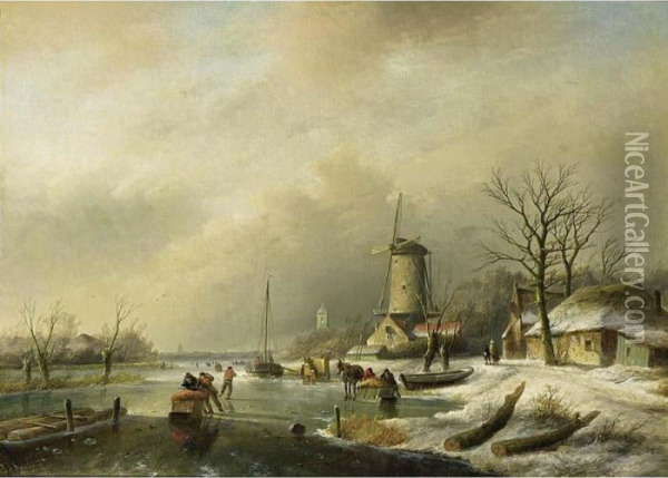 Figures With A Horse-drawn Sledge On A Frozen River Oil Painting - Jan Jacob Coenraad Spohler