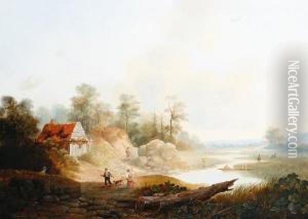 Figures In An Open River Landscape Oil Painting - Hendrik Verpoeken