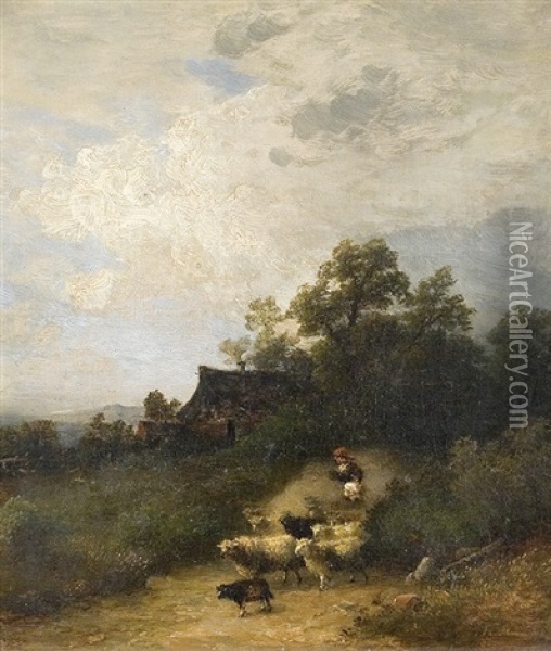 With The Sheeps Outside The Yard Oil Painting - Heinrich Steinike