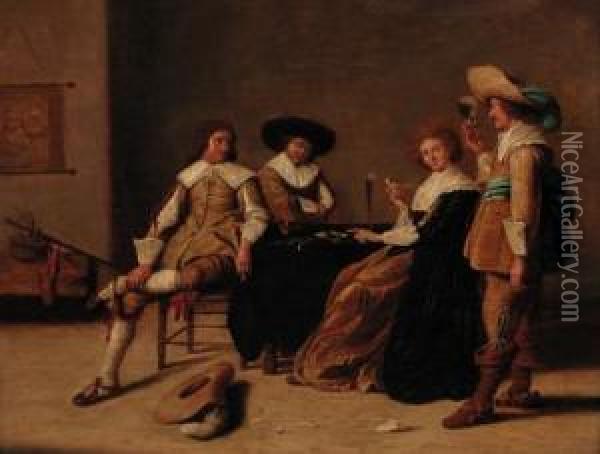Elegant Company Smoking And Drinking In An Interior Oil Painting - Pieter Codde