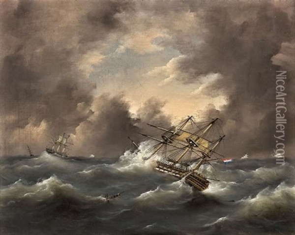 Dreimaster In Aufgewuhlter See Unter Stark Bewolktem Himmel Oil Painting - Govert Van Emmerik